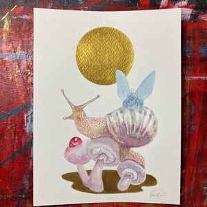 Original Snail Mushroom painting Gold accent art Artettina Whimsical botanical